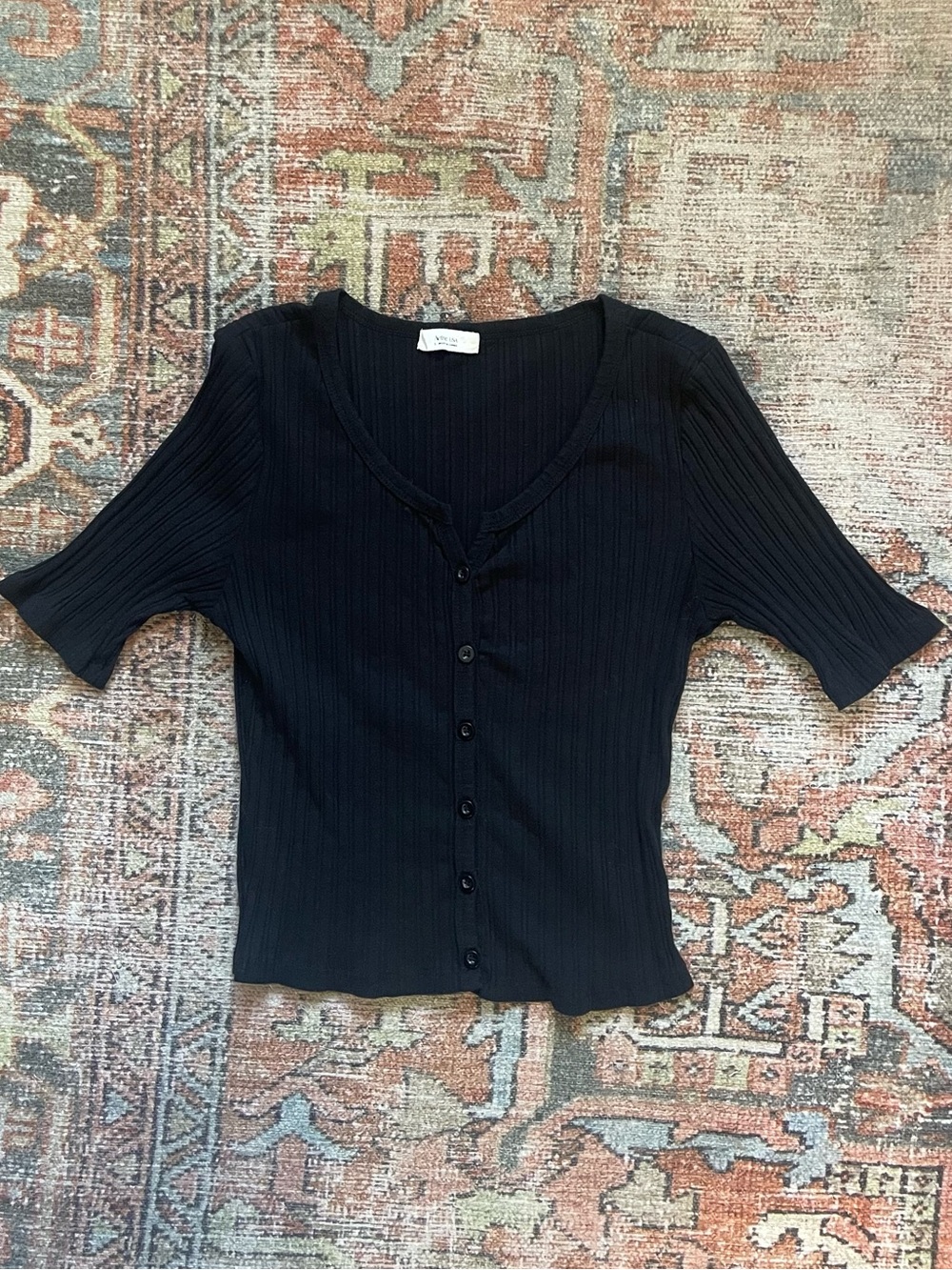 Active USA Black Ribbed Button-Front V-Neck Top